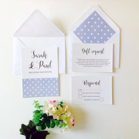 Our Polka dot design wedding invitation and enclosure cards