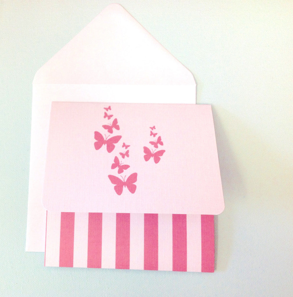Showcasing our All-in-One Pink Butterflies In Flight Wedding Invitation