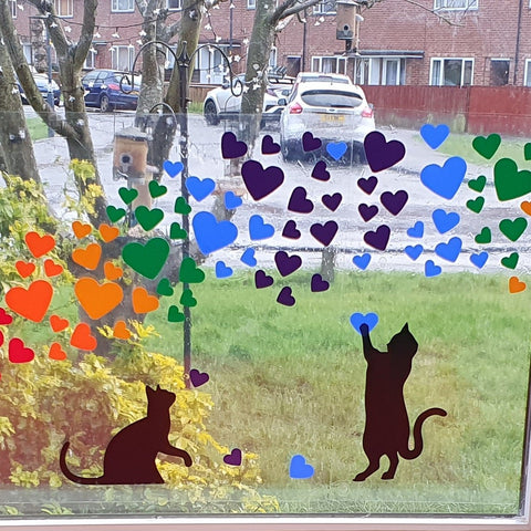 RAINBOW HEARTS & CAT SILHOUETTE VINYL WALL/WINDOW STICKERS