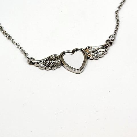 PHOTO KEEPSAKE/ MEMORY SILVER METAL HEART ANGEL WINFS NECKLACE