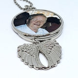 DOUBLE SIDED PEROSNALISED PHOTO MEMORY/KEEPSAKE CAR CHARM HANGING ANGEL WINGS