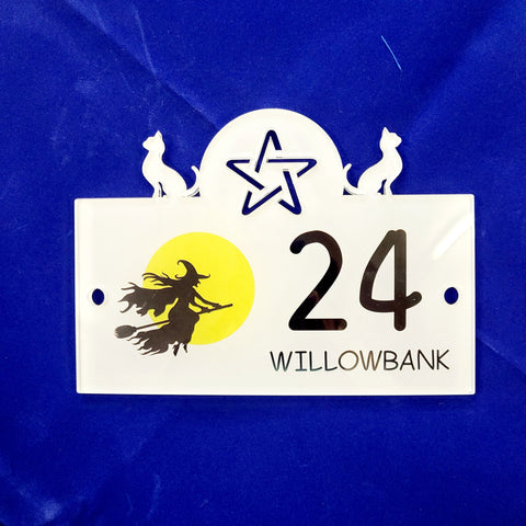 WITCH AND MOON WITH CATS FULL COLOUR ACRYLIC HOUSE SiGN