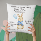 PERSONALISED BABY BIRTH KEEPSAKE CUSHION COVER WITH PINK OR BLUE RABBIT