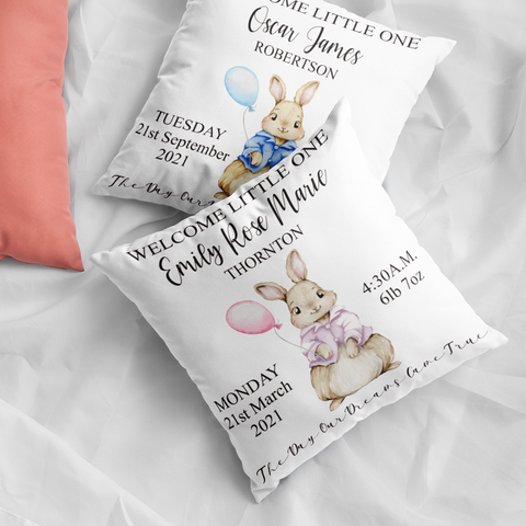 PERSONALISED BABY BIRTH KEEPSAKE CUSHION COVER WITH PINK OR BLUE RABBIT