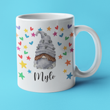 PERSONALISED GREY GNOME WITH RAINBOW STARS AND HEARTS MUG / COASTER