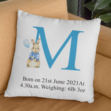PERSONALISED BABY BIRTH KEEPSAKE INITIAL CUSHION COVER WITH PINK OR BLUE RABBIT