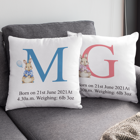 PERSONALISED BABY BIRTH KEEPSAKE INITIAL CUSHION COVER WITH PINK OR BLUE RABBIT