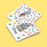 PERSONALISED GREY GNOME WITH RAINBOW STARS AND HEARTS MUG / COASTER