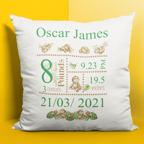 SLOTH PERSONALISED BABY BIRTH KEEPSAKE CUSHION COVER
