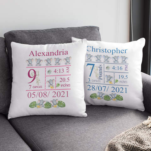 ELEPHANT PERSONALISED BABY BIRTH KEEPSAK CUSHION COVER