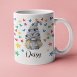 PERSONALISED GREY GNOME WITH RAINBOW STARS AND HEARTS MUG / COASTER