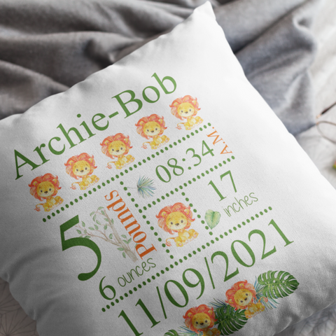 LION PERSONALISED BABY BIRTH KEEPSAKE  CUSHION COVER