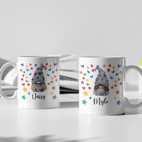 PERSONALISED GREY GNOME WITH RAINBOW STARS AND HEARTS MUG / COASTER