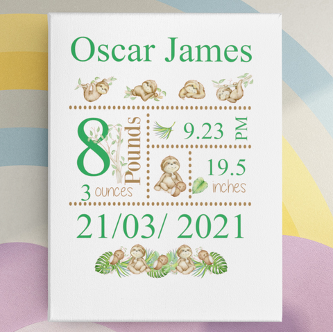 SLOTH PERSONALISED BABY BIRTH KEEPSAKE FRAME