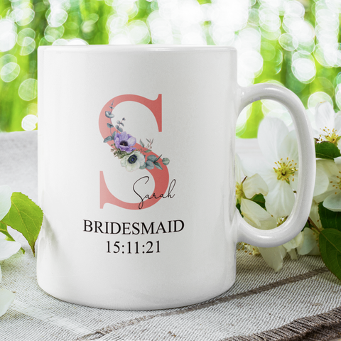 PURPLE FLOWER INITIAL & NAME MUG / COASTER BRIDAL PARTY GIFT