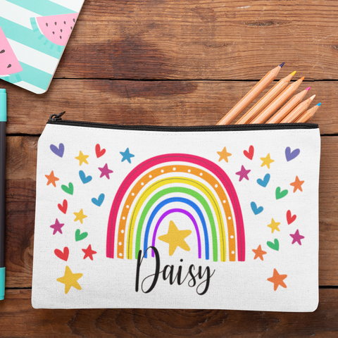 PERSONALISED PENCIL CASE BACK TO SHOOL/TEACHER RAINBOW WITH HEARTS AND STARS