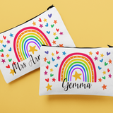 PERSONALISED PENCIL CASE BACK TO SHOOL/TEACHER RAINBOW WITH HEARTS AND STARS