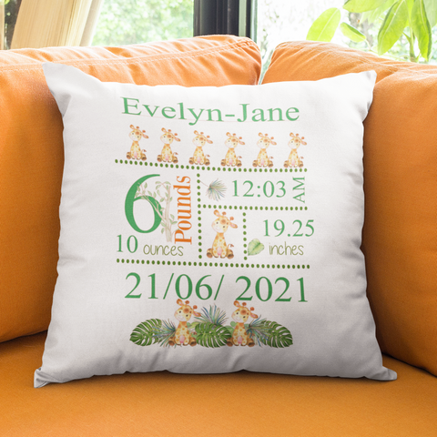 GIRAFFE PERSONALISED BABY BIRTH KEEPSAKE GIRAFFE CUSHION COVER
