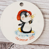 DOUBLE SIDED ROUND MDF CHRISTMAS PENGUIN HANGING ORNAMENT