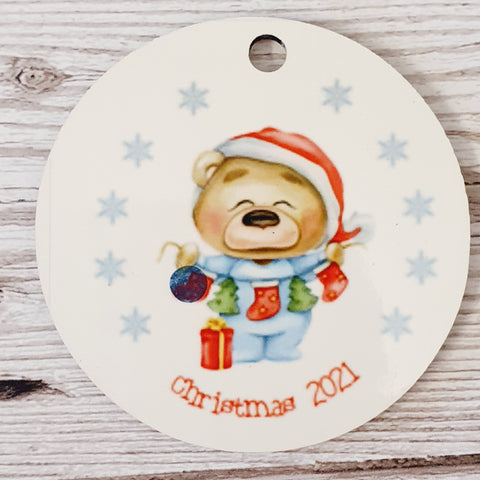 DOUBLE SIDED ROUND MDF CHRISTMAS BEAR HANGING ORNAMENT