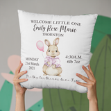PERSONALISED BABY BIRTH KEEPSAKE CUSHION COVER WITH PINK OR BLUE RABBIT