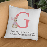 PERSONALISED BABY BIRTH KEEPSAKE INITIAL CUSHION COVER WITH PINK OR BLUE RABBIT