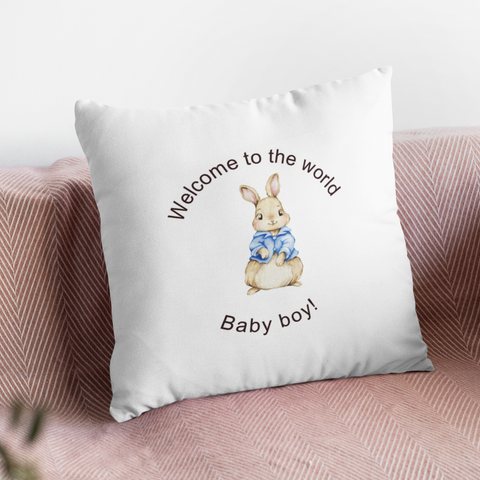 PERSONALISED WELCOME TO THE WORLD BABY BIRTH KEEPSAKE CUSHION COVER WITH PINK OR BLUE RABBIT