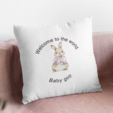 PERSONALISED WELCOME TO THE WORLD BABY BIRTH KEEPSAKE CUSHION COVER WITH PINK OR BLUE RABBIT
